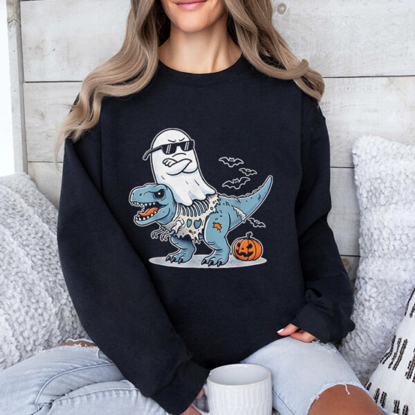 Halloween Ghost Riding Zombie T-Rex T Shirt