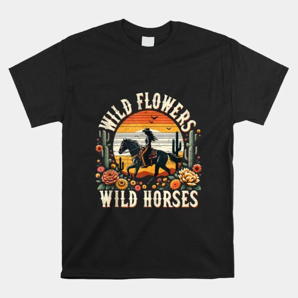 Sunset Cowgirl Riding Horse Wild Flowers Wild Horses Shirt