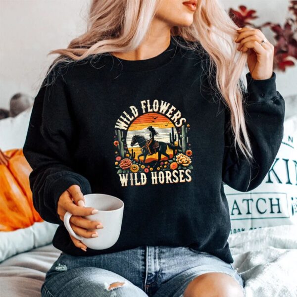 Sunset Cowgirl Riding Horse Wild Flowers Wild Horses Shirt