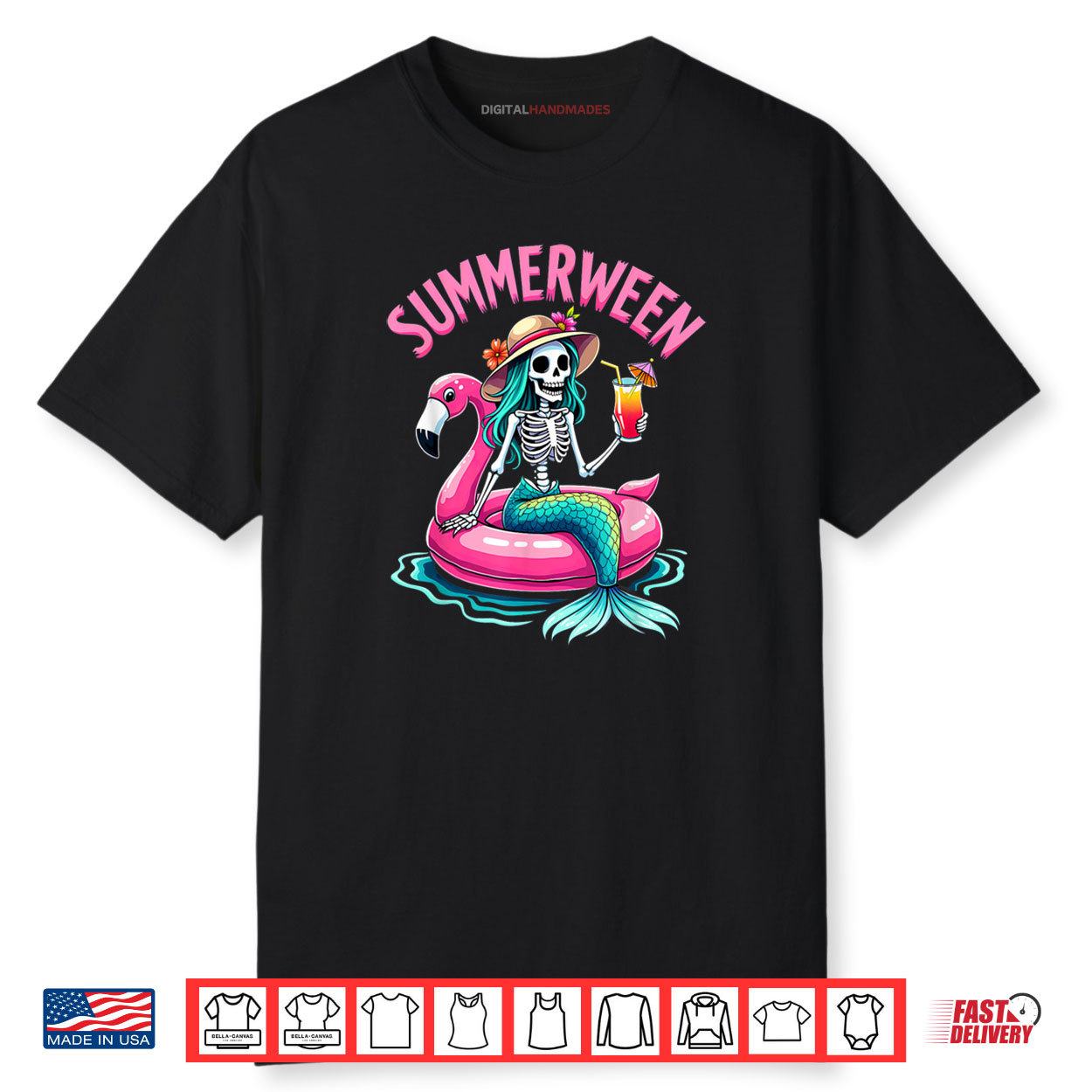 Summerween Mermaid Skeleton Beach Flamingo Halloween Girl Shirt