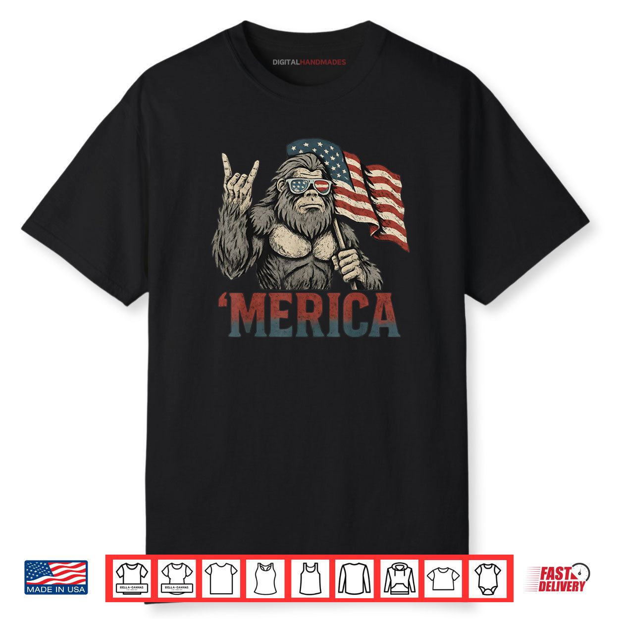 Bigfoot Merica Rock American Flag Patriotic USA 4th Of July Shirt