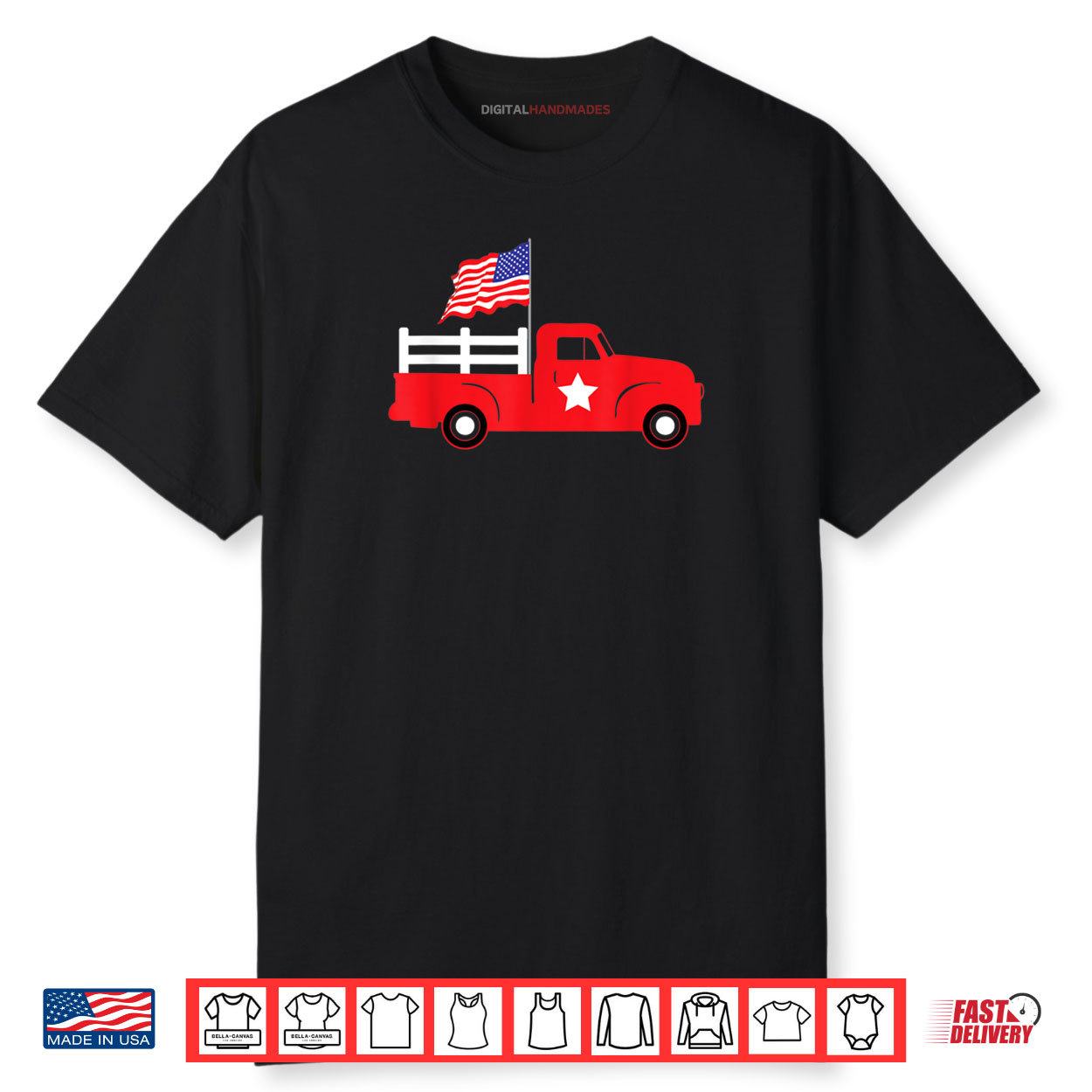 Red Truck American Flag Kids 4th of July Shirt
