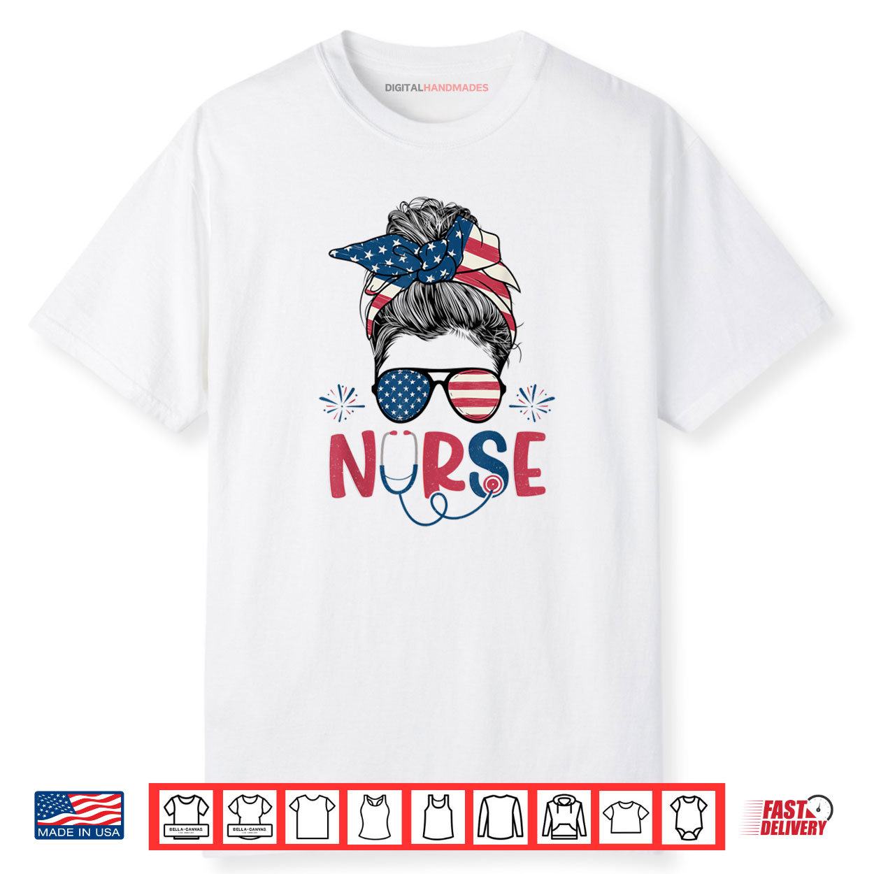 Nurse Messy Bun 4th Of July American Flag Patriotic Shirt