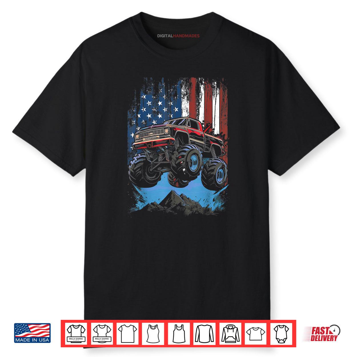 Monster Truck 4th of July Vintage American Flag Patriotic Shirt