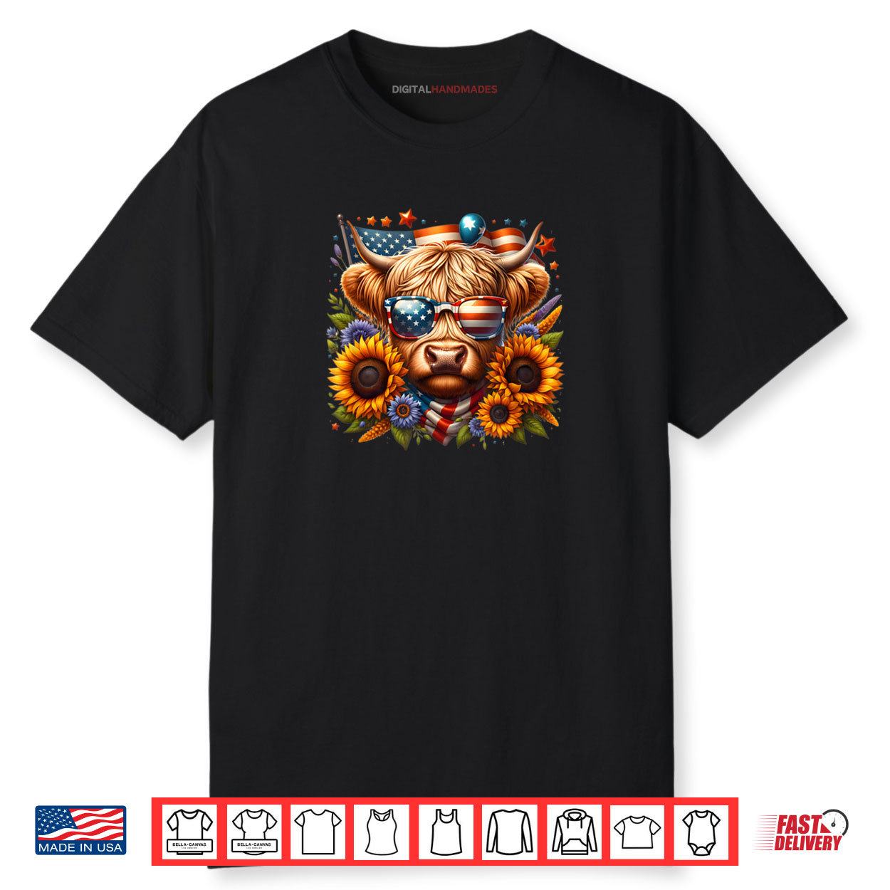 Highland Cow American Flag Patriotic Calf USA 4th Of July Shirt