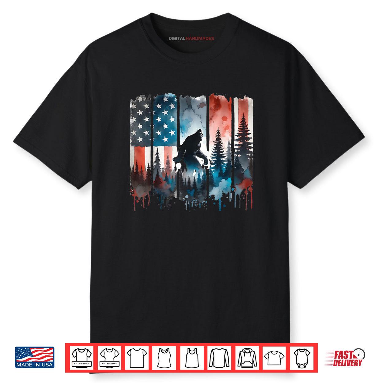 Big Foot Bigfoot Sasquatch American Flag Patriotic 4th July Shirt