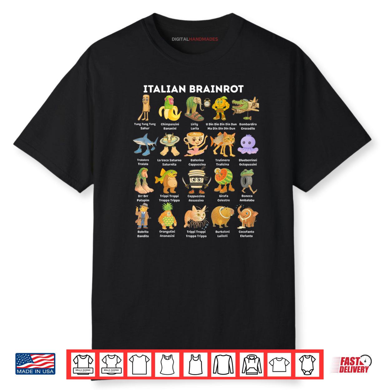 Types of Italian Brainrot Meme Character Hand Drawn Shirt