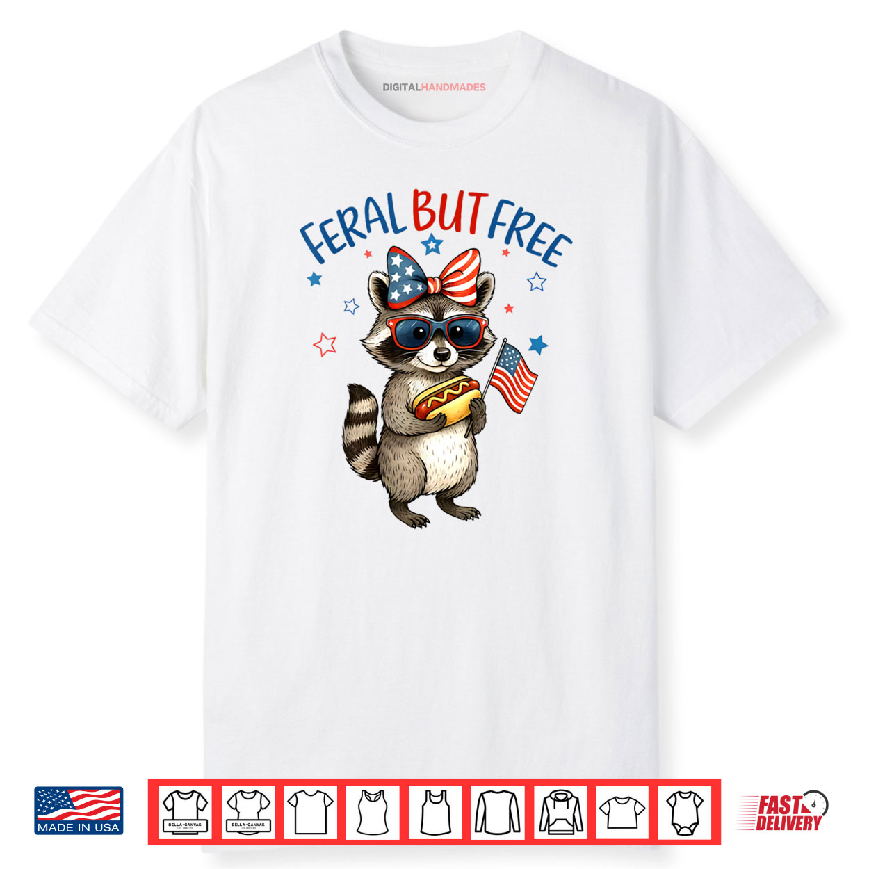 Funny Raccoon Coquette US Flag 4th Of July Feral But Free Shirt