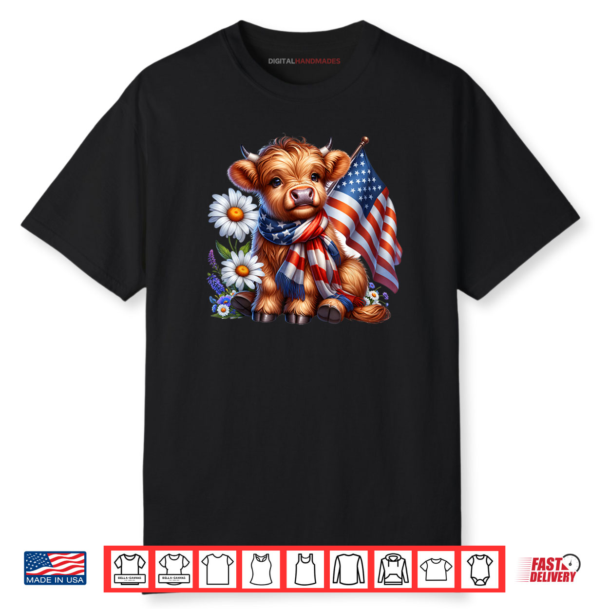 Cute Highland Cow Florals 4th of July USA Flag Patriotic Cow Shirt