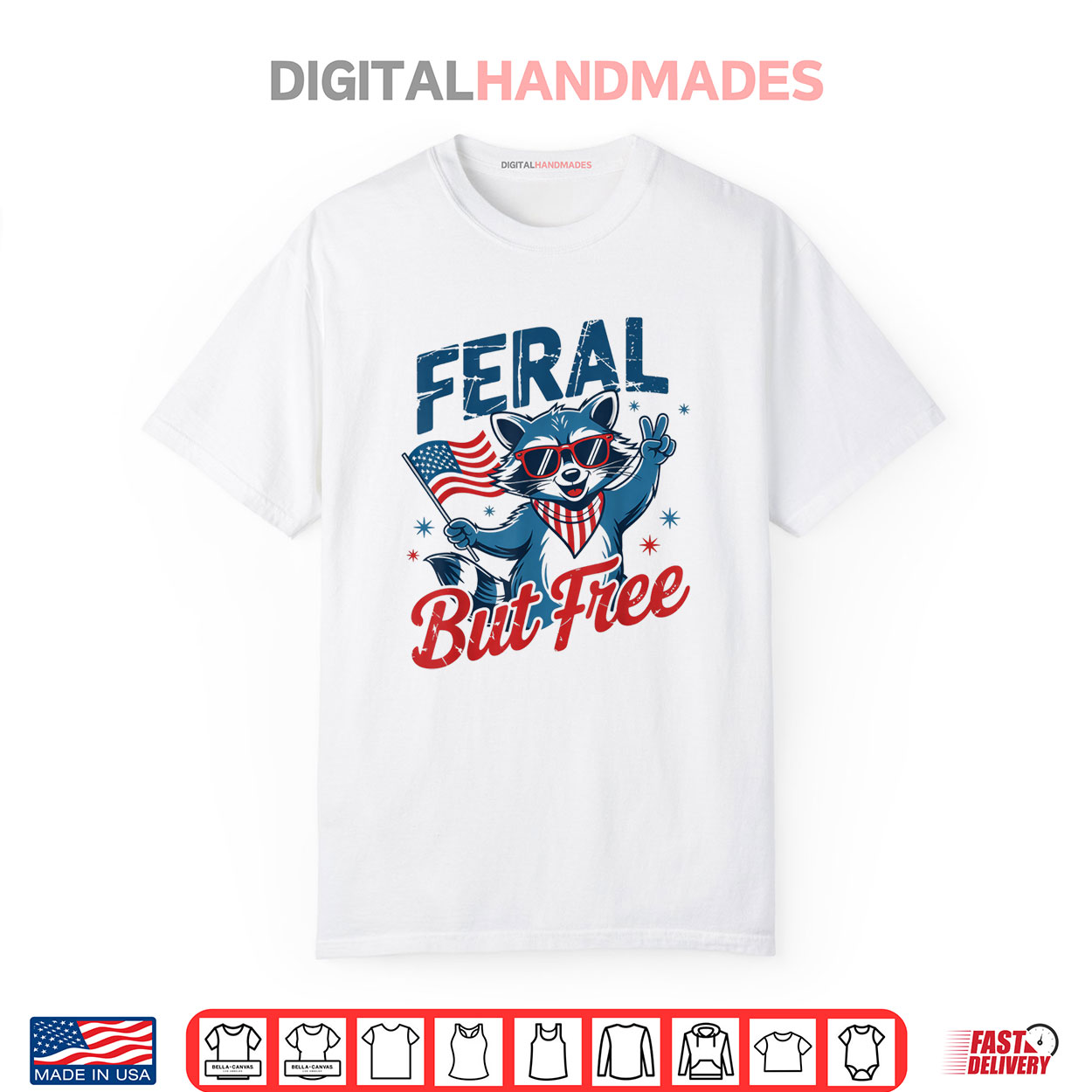 kids 4th of july feral and free Funny Raccoon USA Patriotic Shirt