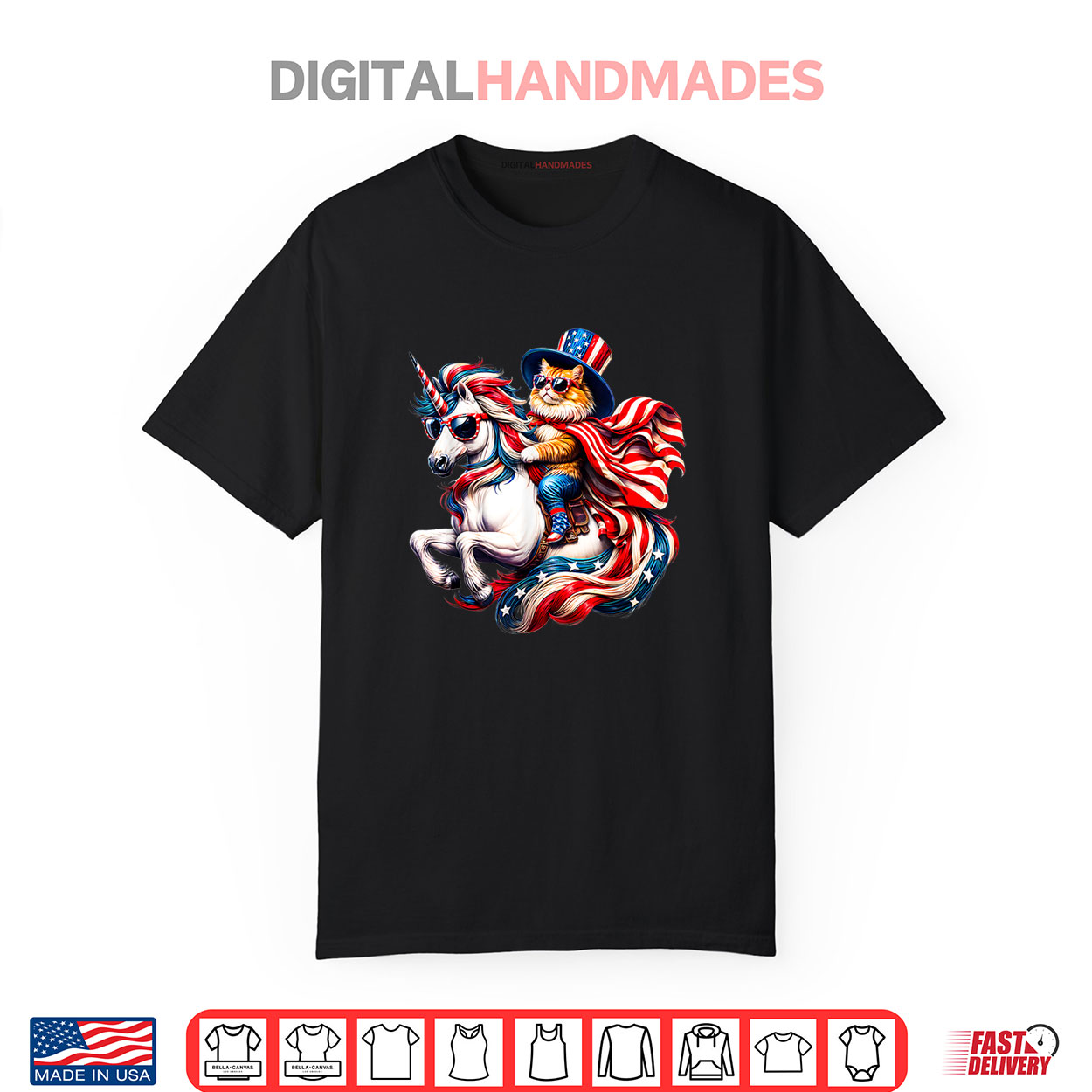 Cat Riding Unicorn Usa Flag Patriotic 4th Of July Shirt