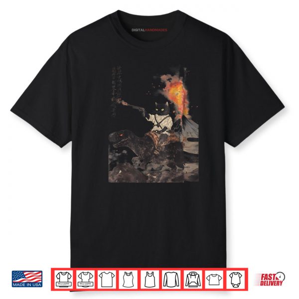 Calligraphy Cat Dinosaur Volcanic Eruption Art Print Shirt