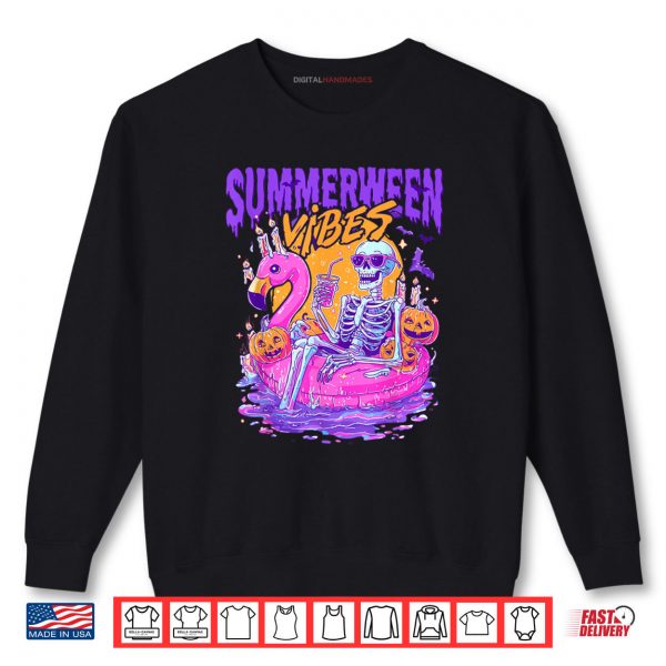 Sweatshirt Summerween Vibes Spooky Skeleton Flamingo Pool Halloween Shirt digitalhandmades