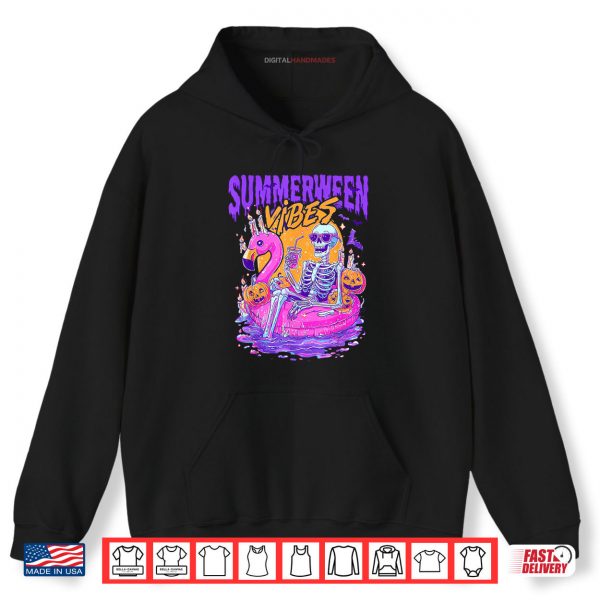 Summerween Vibes Halloween Summer Fun Flamingo Skeleton Shirt