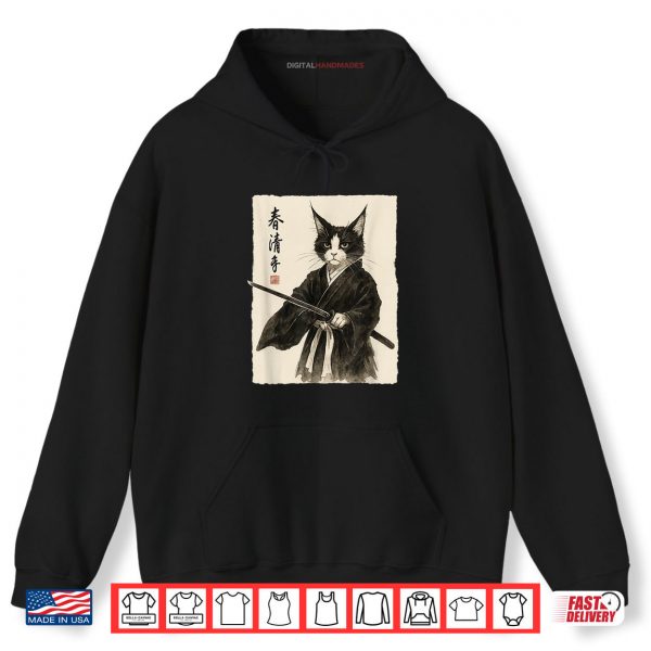 Hoodie Samurai Cat Vintage Ukiyo e Warrior Shirt