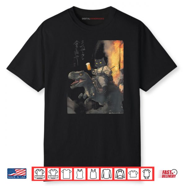Black Cat Samurai Dinosaur Sea Wave Shirt