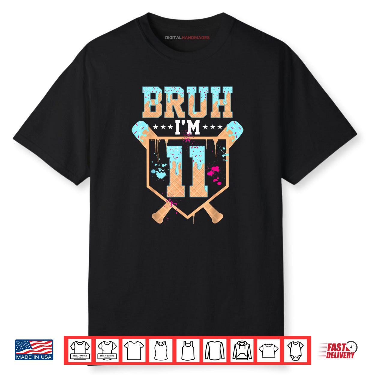 Birthday Boy Baseball Ice Cream Drip Bruh I’m 11 Year Old Shirt