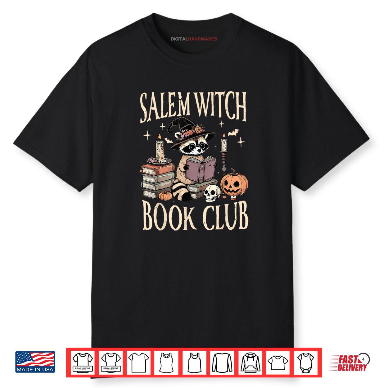 Salem WItch Book Club Halloween Raccoon Witch Reading Book Shirt