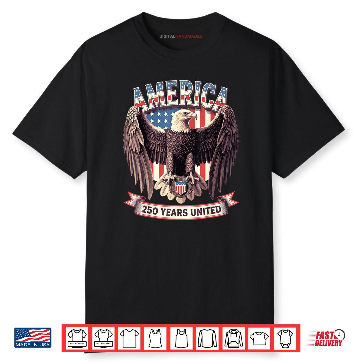 USA 250 Years United Bald Eagle Patriotic Flag Graphic Shirt