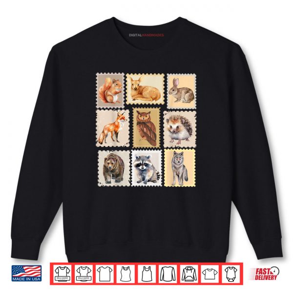 Sweatshirt Wildlife Postage Stamp Design of Woodland Creatures Animals Shirt