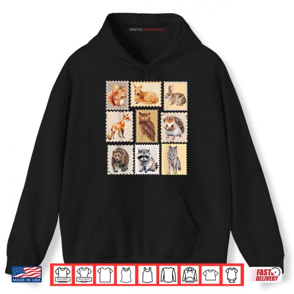 Hoodie Wildlife Postage Stamp Design of Woodland Creatures Animals Shirt