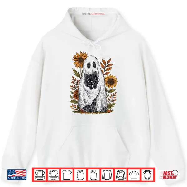 Hoodie Funny Ghost Holding Black Cat Halloween Ghost Cat Lovers Shirt