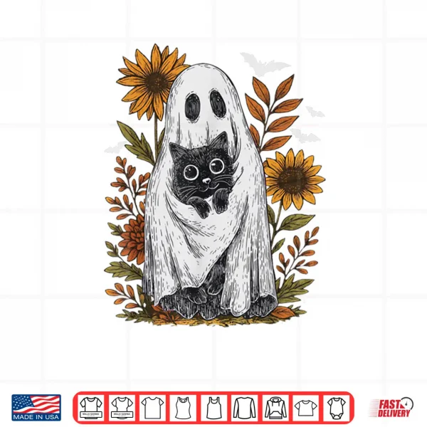 Design Funny Ghost Holding Black Cat Halloween Ghost Cat Lovers Shirt