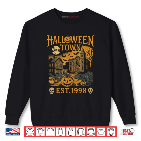 Sweatshirt Halloween Town Scene Pumpkin Graveyard Horror Shirt