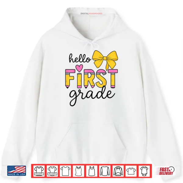 Hoodie Hello First Grade for Girls Boys Cute Back to School Pencil Shirt
