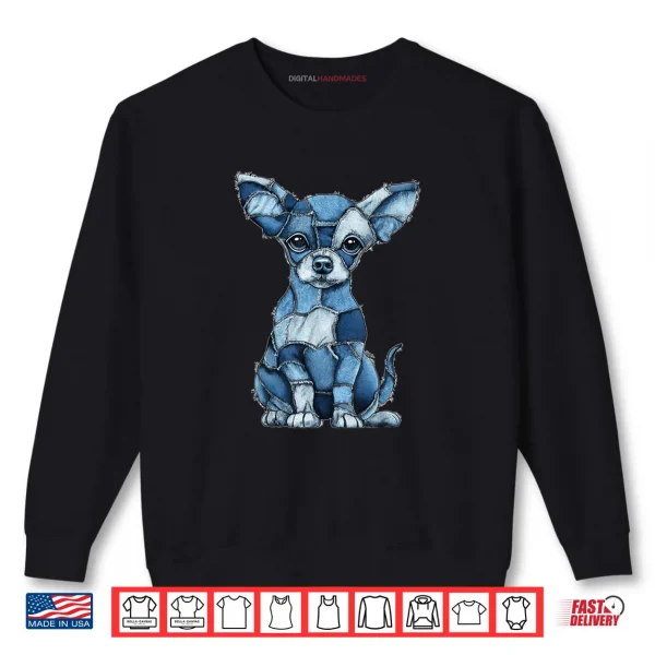 Sweatshirt Chihuahua Dog Blue Denim Patchwork Graphic Animal Shirt