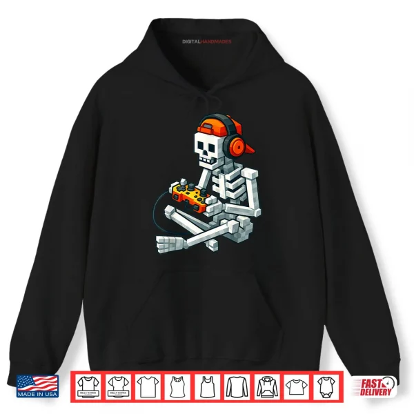 Hoodie Halloween Skeleton Gamer Pixel Video Gaming Shirt