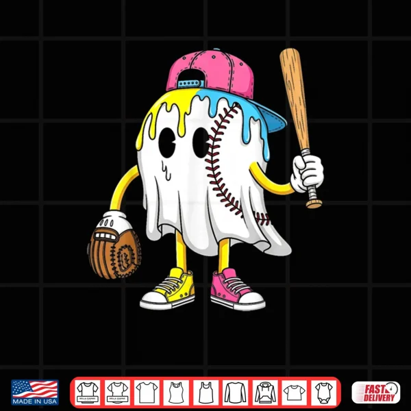 Design Ice Cream Drip Ghost Baseball Spots Baseball Drip Halloween Shirt