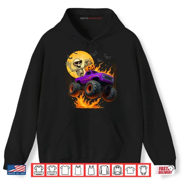 Hoodie Spooky Skeleton Riding Monster Truck Halloween Costumes Shirt