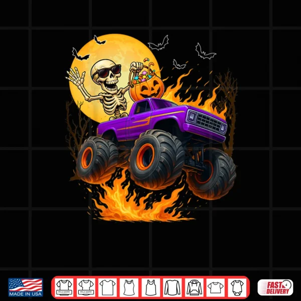 Design Spooky Skeleton Riding Monster Truck Halloween Costumes Shirt