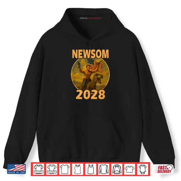 Hoodie Gavin Newsom 2028 Bold Patriotic Leader Riding Dinosaur Shirt