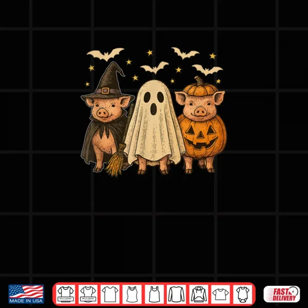 Design Three Halloween Pigs Cosplay Witch Boo Carved Pumpkin Shirt