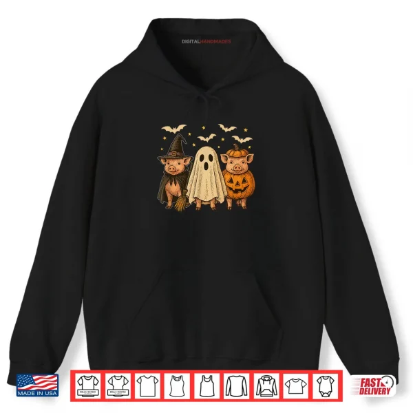 Hoodie Three Halloween Pigs Cosplay Witch Boo Carved Pumpkin Shirt 1