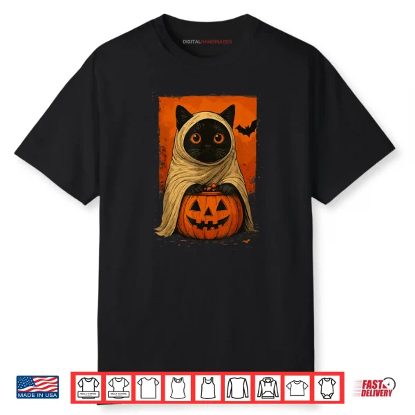 Black Cat Halloween Pumpkin Spooky Ghost Funny Vintage Shirt