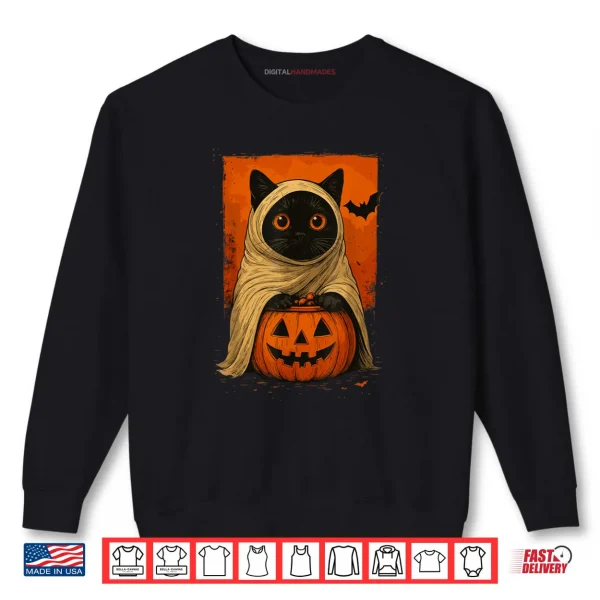 Sweatshirt Black Cat Halloween Pumpkin Spooky Ghost Funny Vintage Shirt
