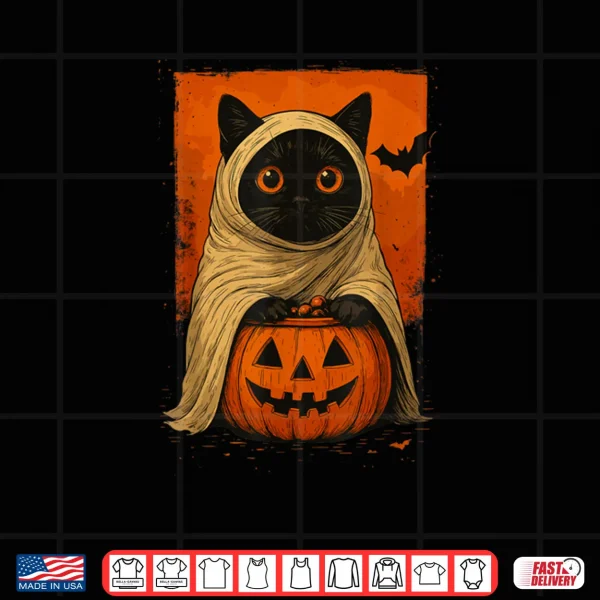 Design Black Cat Halloween Pumpkin Spooky Ghost Funny Vintage Shirt