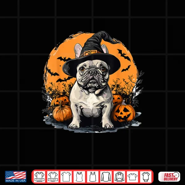 Design French Bulldog Frenchie Dog Whitch Hat Halloween Pumpkin Shirt