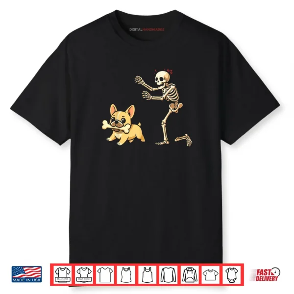 Halloween Dog Funny Skeleton Chasing French Bulldog Shirt