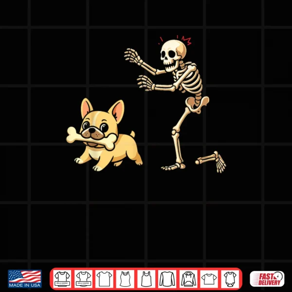 Design Halloween Dog Funny Skeleton Chasing French Bulldog Shirt
