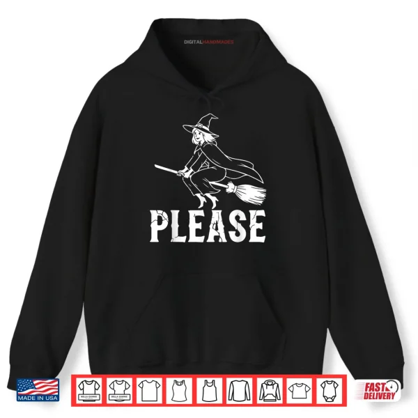 Hoodie Witch Riding a Broom Graphic Halloween Dark Humor Shirt