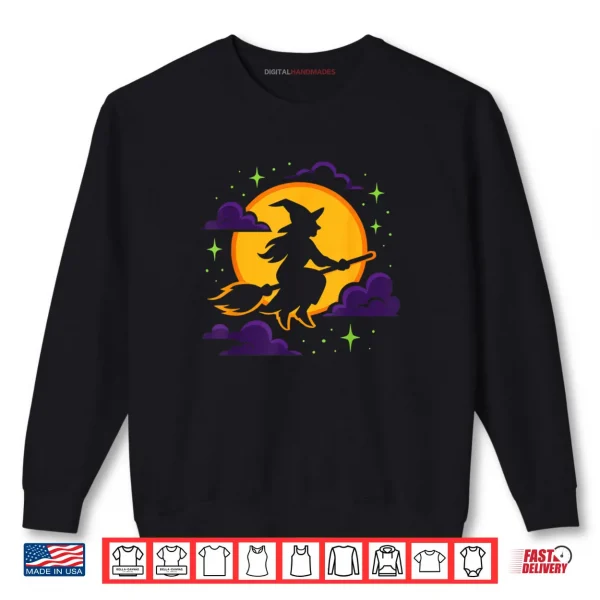 Sweatshirt Witch Riding Broom Costume Party Celebration Funny Halloween Shirt 1 1