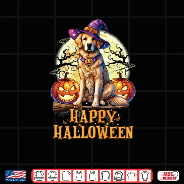Design Golden Retriever Dog Lover Witch Hat Scary Funny Halloween Shirt