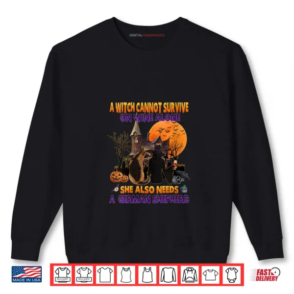 Sweatshirt A Witch On Wine She Needs A German Shepherd Dog Halloween Shirt