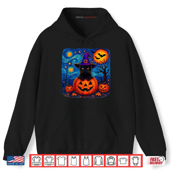 Hoodie Black Cat Van Gogh Starry Night Halloween Costume Shirt