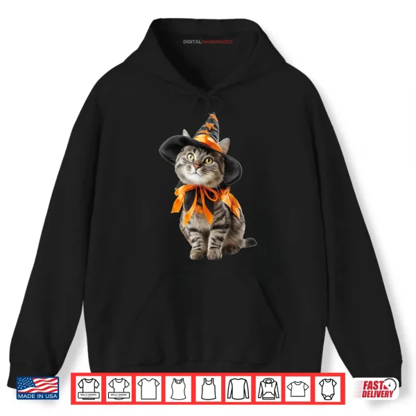 Hoodie Cat Wearing Witch Costume Funny Halloween Shirt