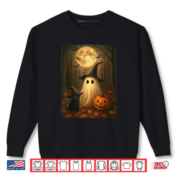 Sweatshirt Cute Ghost Black Cat Halloween Witch Pumpkin Dark Forest Shirt